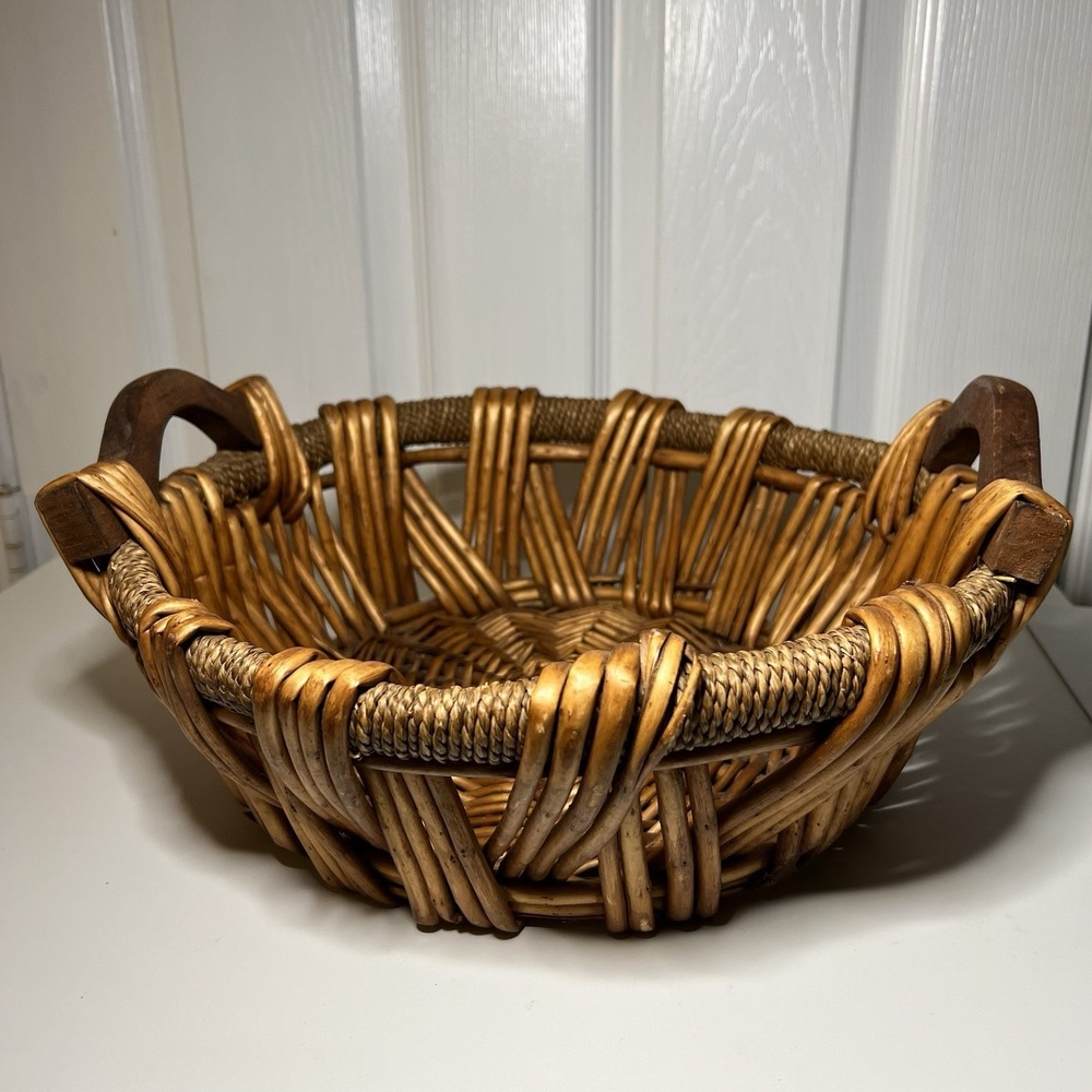 Vtg Woven Wicker or Rattan Basket Wooden‎ Handles 14" Spoke Wheel 2 Tone